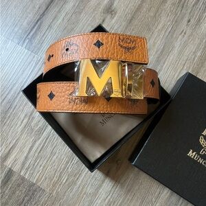MCM Tan Belt with Gold M Buckle